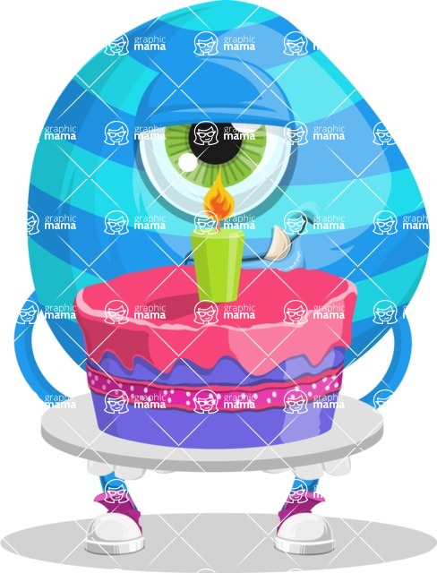 One Eyed Monster Cartoon Character - One Eyed Monster Cartoon Character with a Birthday Cake